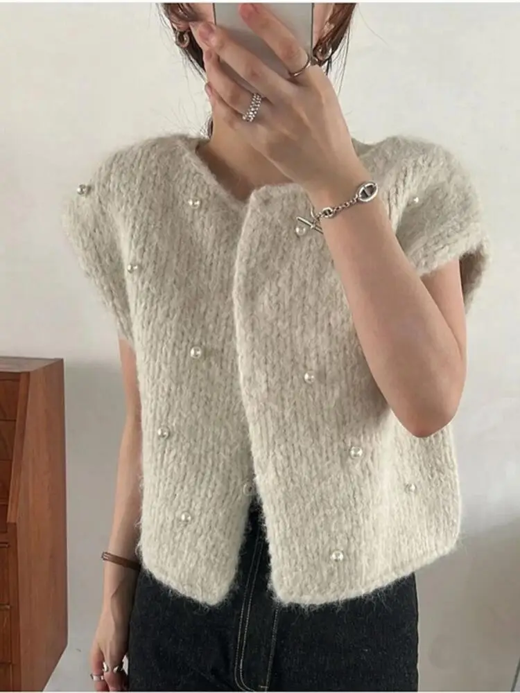 Retro Sweater Vest for Women Korean Fashion Pearl Embellished Open Front Cardigan Heavy Knit Outerwear