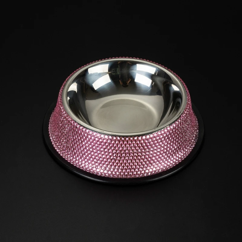 Dog Bowls with Rhinestones Stainless Steel Dog Food and Water Bowls Non-Skid Rubber Base Sparkling Feeding Supplies