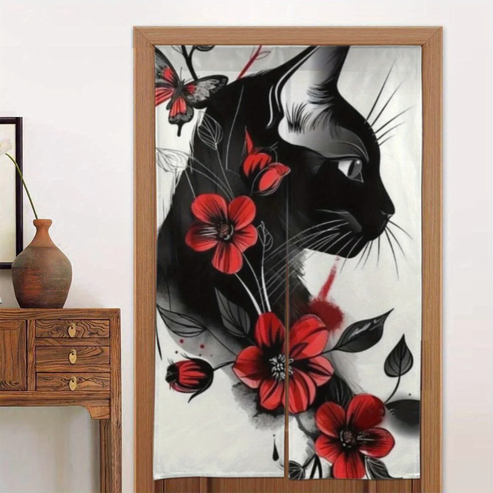 

1Японская дверная занавеска — элегантная занавеска с черным котом и цветочным принтом для гостиной, спальни, офиса — можно стирать в машине