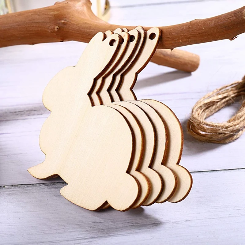 20PCS Bunny Wood Chips Easter Party Decorations Handmade DIY Wooden Crafts Decoration Pendant Party Supplies