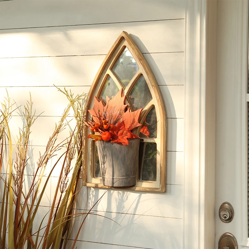 Handcrafted Entryway Wall Decoration Vintage Retro Arched Window with Flower Pot