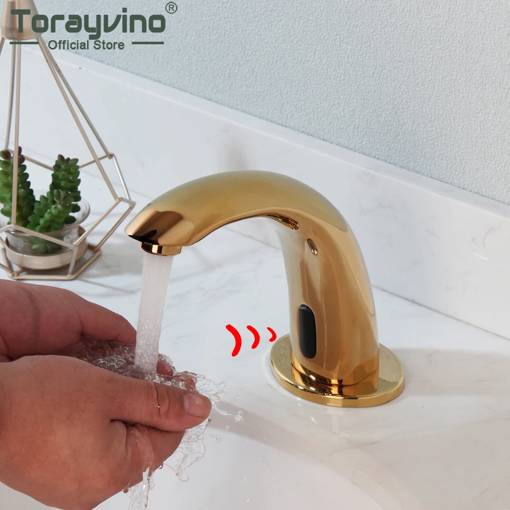 Torayvino Gold Polished Bathroom Induction Faucet Sink Spray Tap Brass Classic Basin Deck Mounted Open Quickly Mixer Water Tap