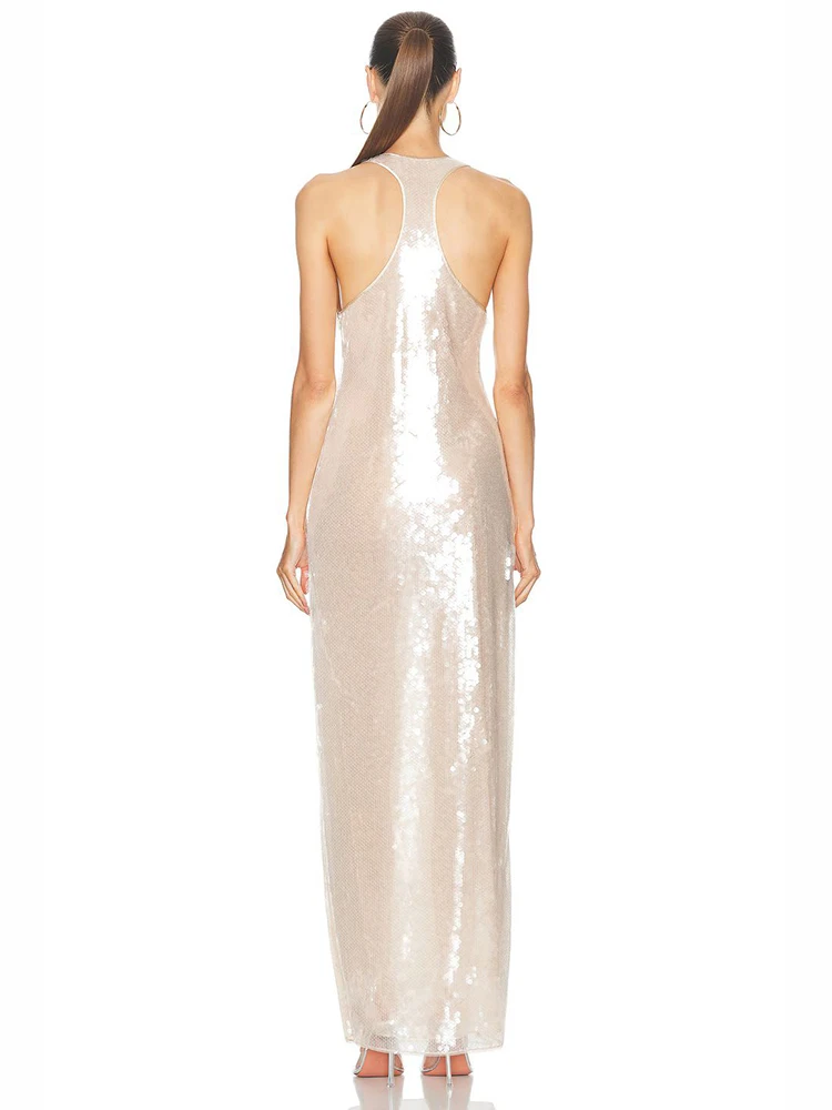 Sexy Sling Glitter Sequins Side Split Slim Long Dress Women Beige Sleeveless Backless Dresses Evening Party Celebrity Gowns