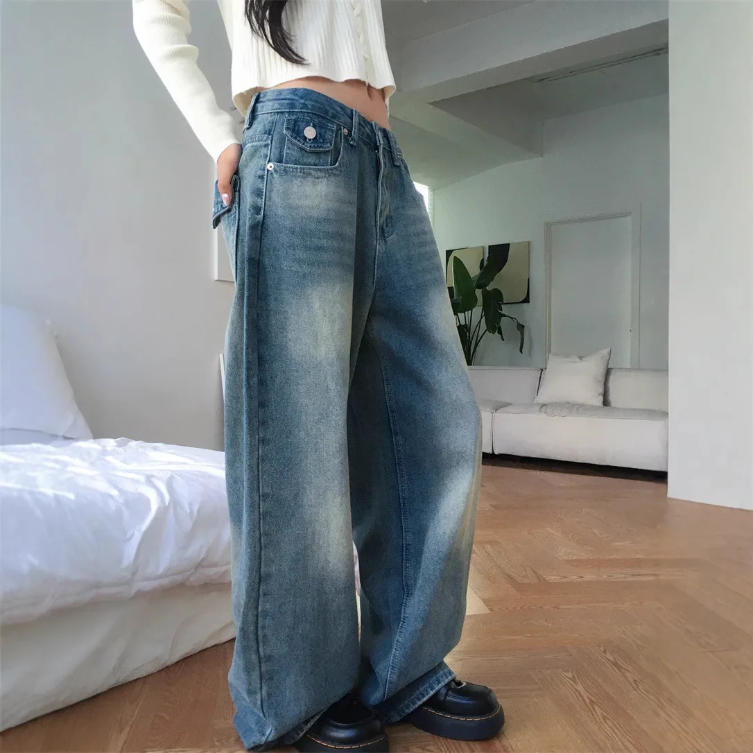 Women Black Blue Simple Basic Loose Floor Length Wide Leg Straight Pockets Denim Trousers Korean Style Fashion Jeans Clothes