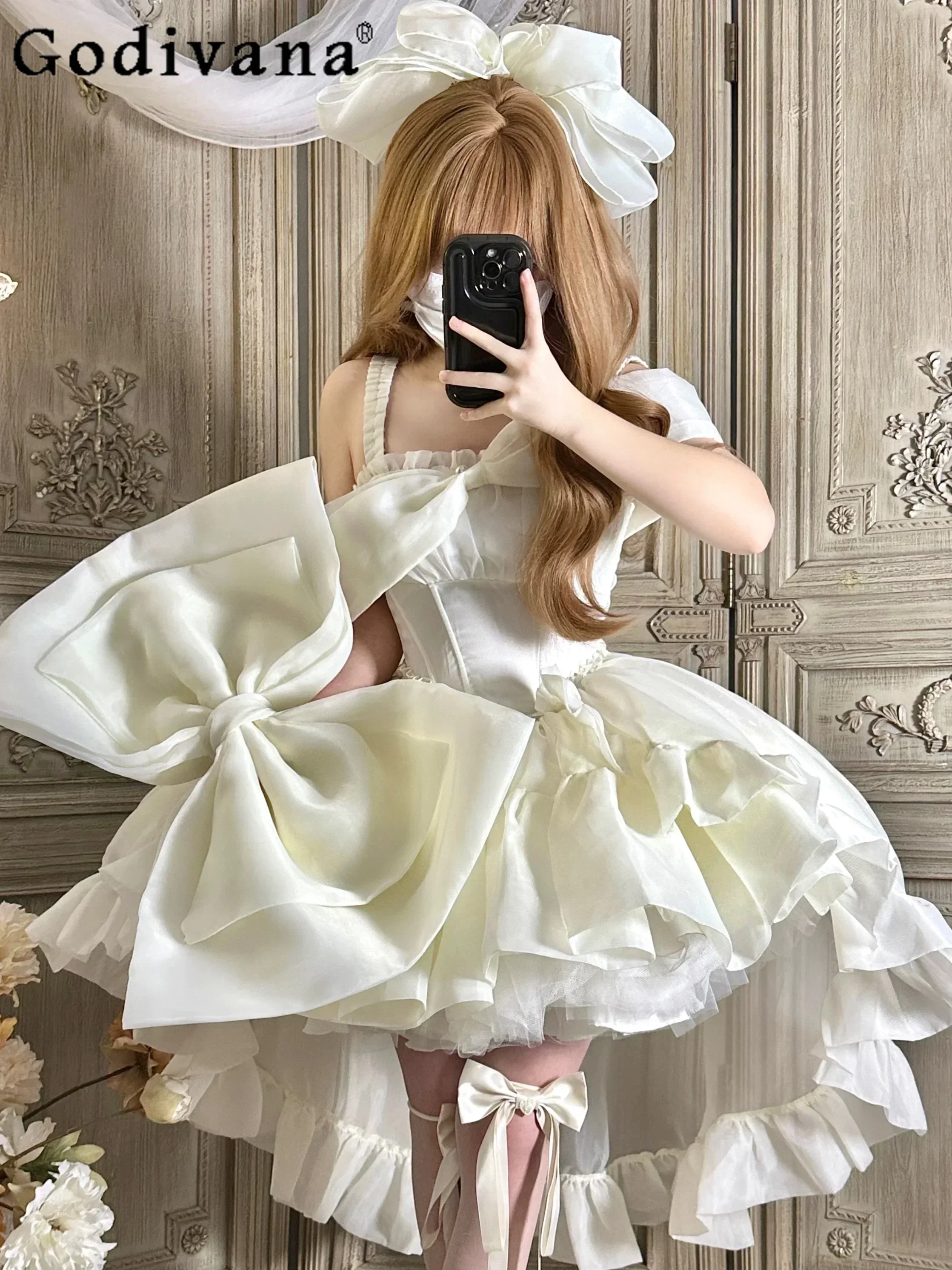 

25Women's Lolita Dress French Socialite Style Princess Dress Jsk with Trailing Bow Elegant Strapless Dress Lady Wedding Dressees