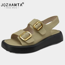 JOZHAMTA Size 34-40 Women Sandals Buckle Real Leather Low Heels Shoes For Women Rome Wedge Platform Sandalias Casual Office Lady