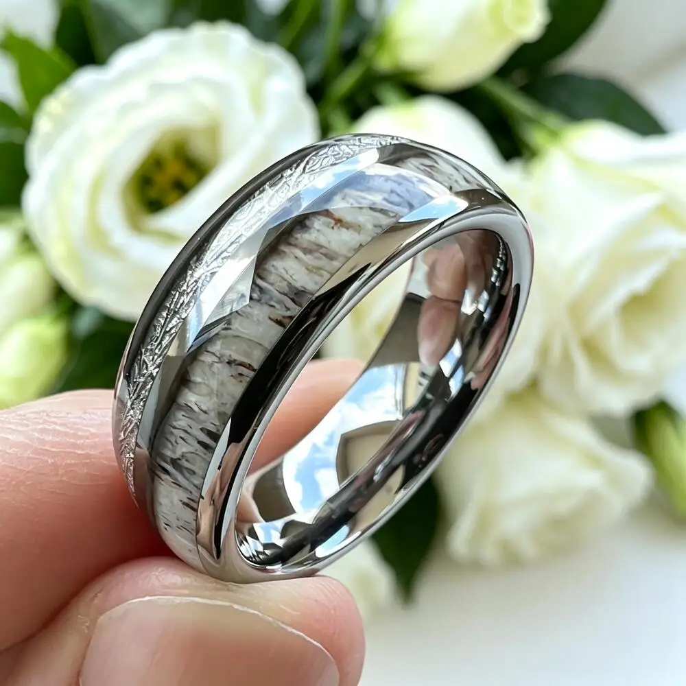 Deer Antler Ring, Stainless Steel Wedding Band, Antler Ring, Koa Wood Ring, Men Ring, Meteorite Ring, Mens Wedding Band Jewelry