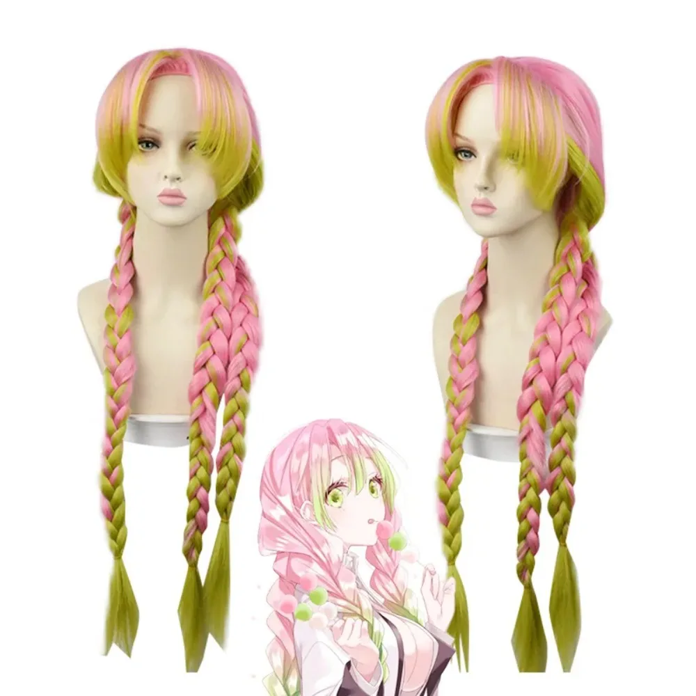 

Anime Demon Kanroji Mitsuri Cosplay Snthetic Wig Slayer Gradient Fried Dough Twists braid Costume Halloween for girl