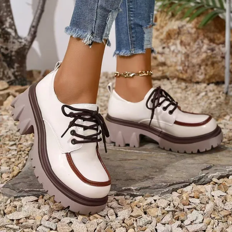 Women's  Patchwork Patent Faux Leather Oxford Shoes Lace Up Serrated Chunky Platform Sole Light College Dating  Casual Footwear