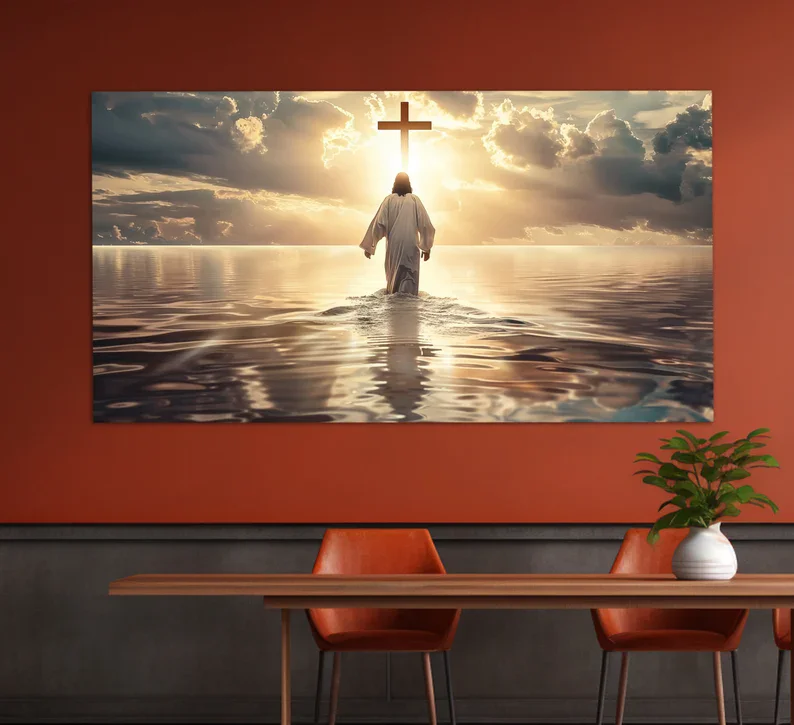 Watercolor Jesus Christ Walking on Water Religious Seascape Poster Canvas Painting Wall Art Pictures Home Room Decor Gift