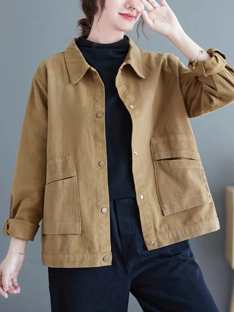 Women Casual Short Jackets New Arrival 2022 Autumn Vintage Style Solid Color All-match Loose Female Cotton Outerwear Coats B2115