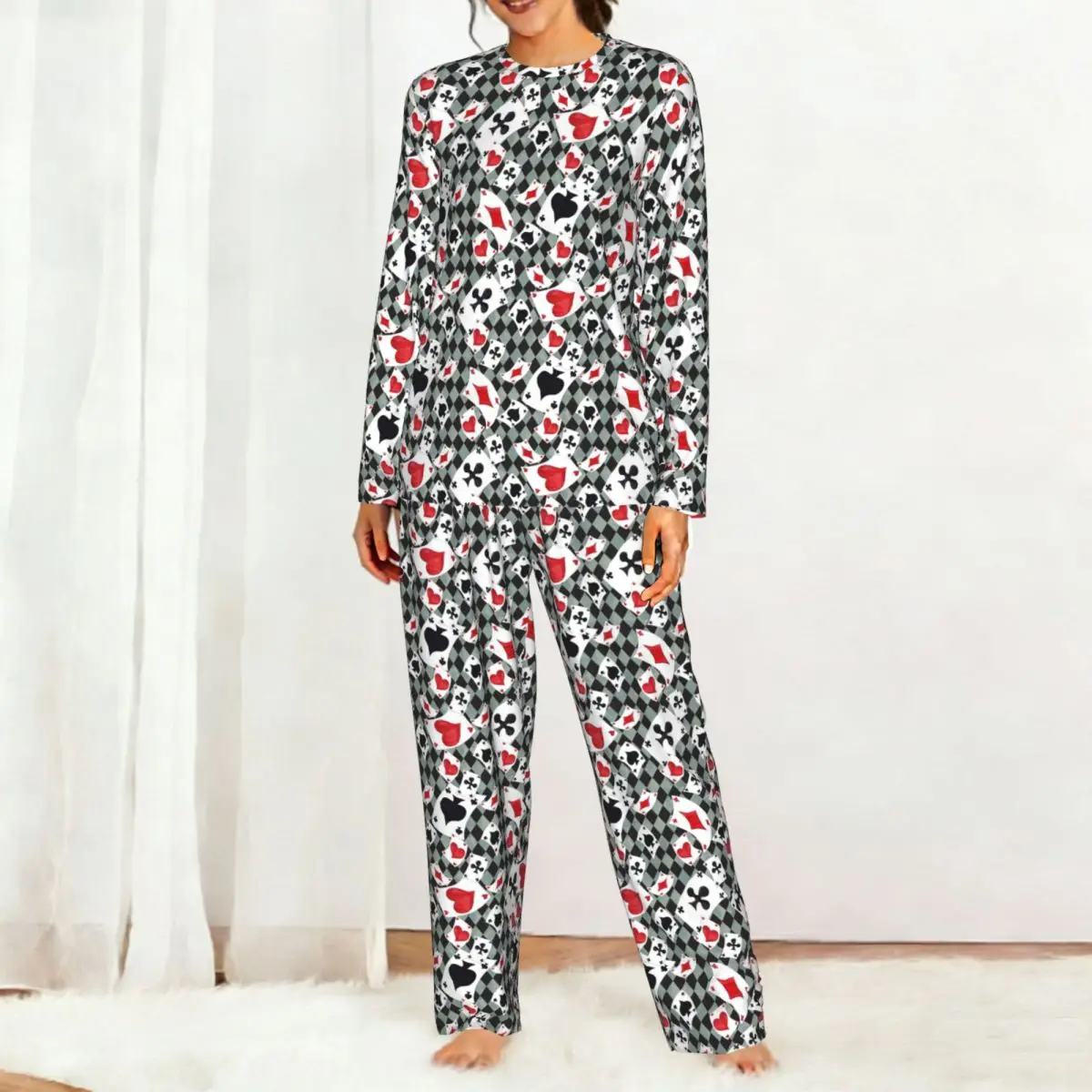 Poker Playing Cards Pattern Game 3 Round Neck Long Sleeves Nightdress for Sleeping Sleepshirts Women Loose Pajama Set Long Pants