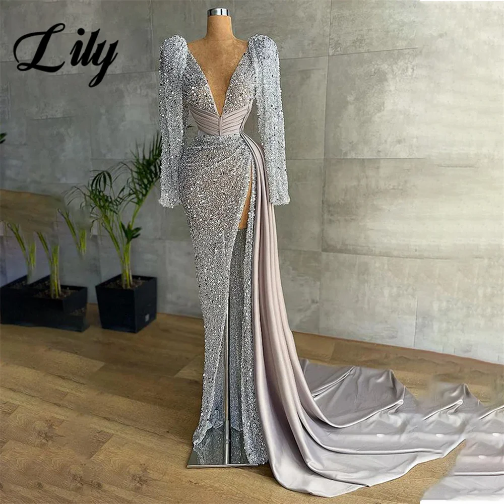 Lily Sequin Glitter Formal Dresses Silve V-Neck Party Dress For Wedding Sweetheart Special Occasion Dress with Split robe soirée