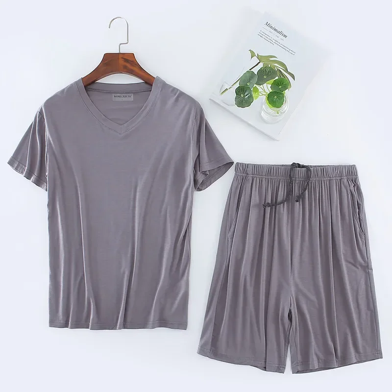 

Summer New Men's Solid Casual Pajama Sets Comfort Modal Cotton Pullover+Shorts Homewear Suit Men Lounge Sleepwear Oversized