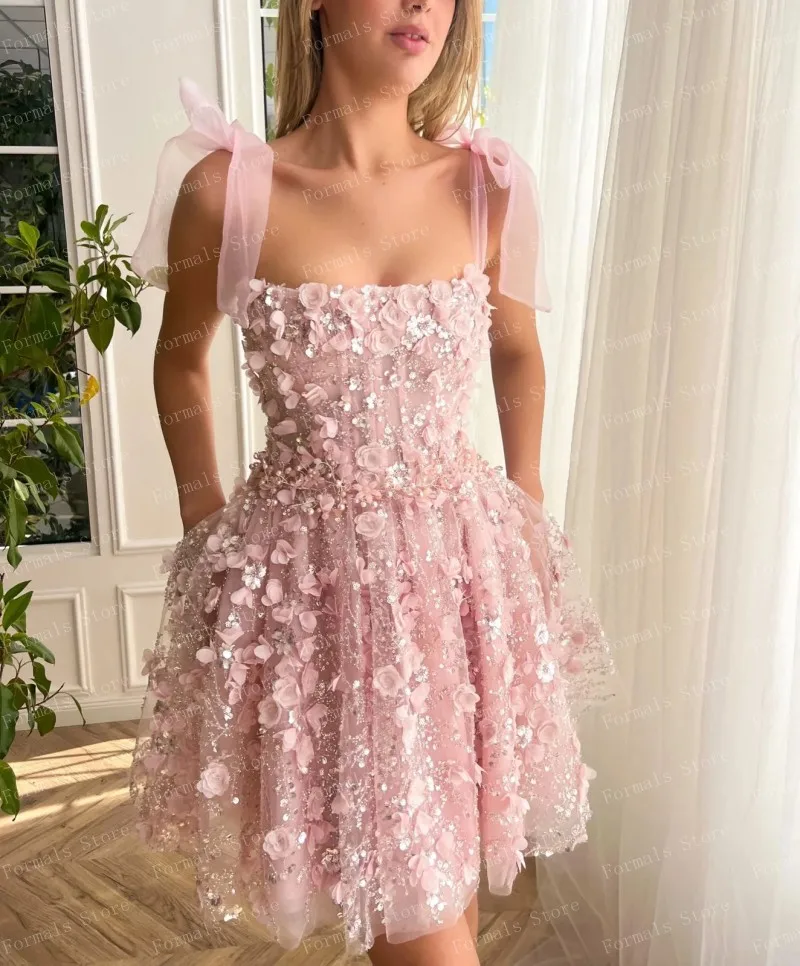 Tie Bow Floral Dress Mini Length See Through Sequins Party Dresses Custom Made 3D Applique Flowers Prom Dress Ever Pretty