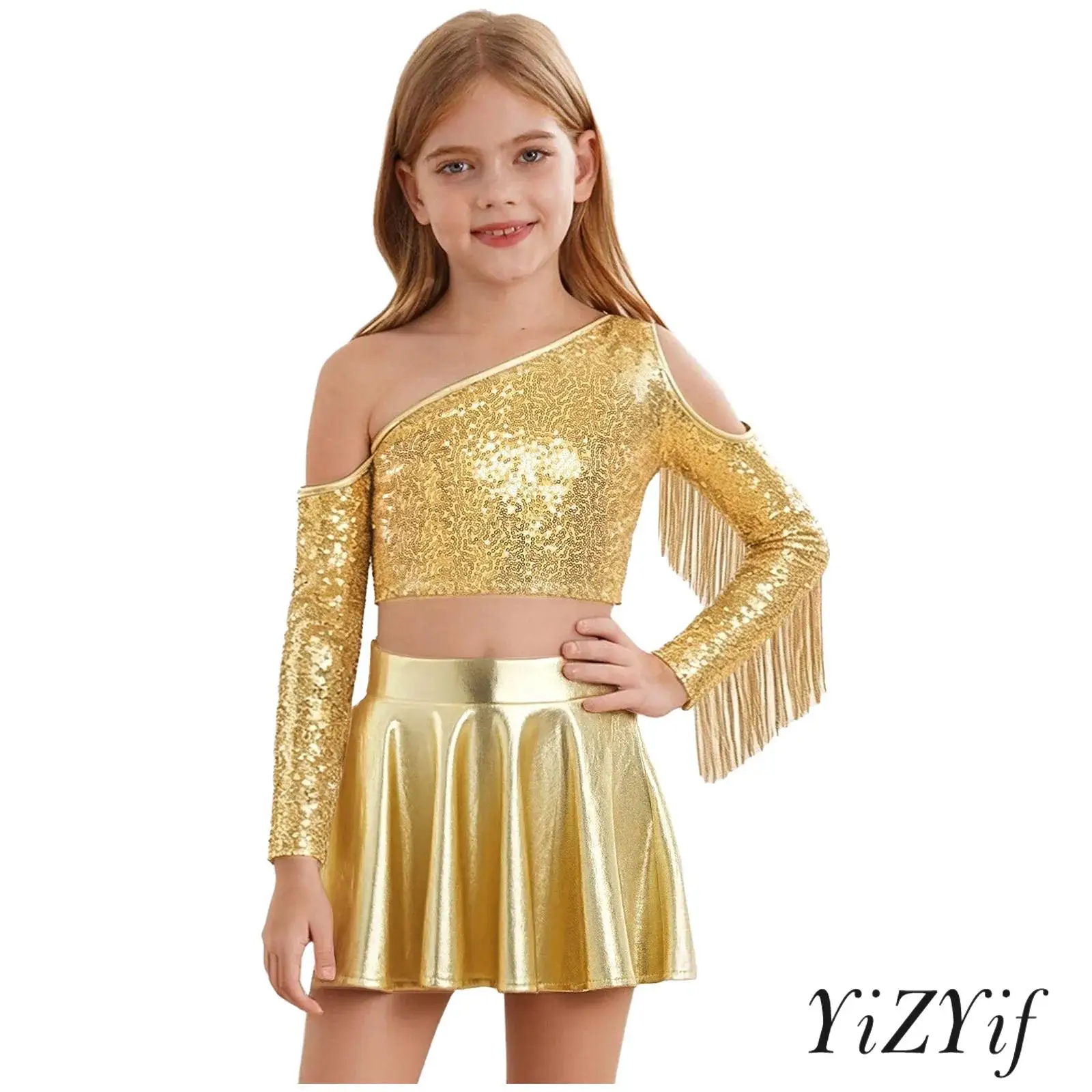 

Kids Girls Belly Jazz Dance Costume One Shoulder Long Sleeve Tassel Sequined Crop Top And Skirt for Jazz Dance Performance