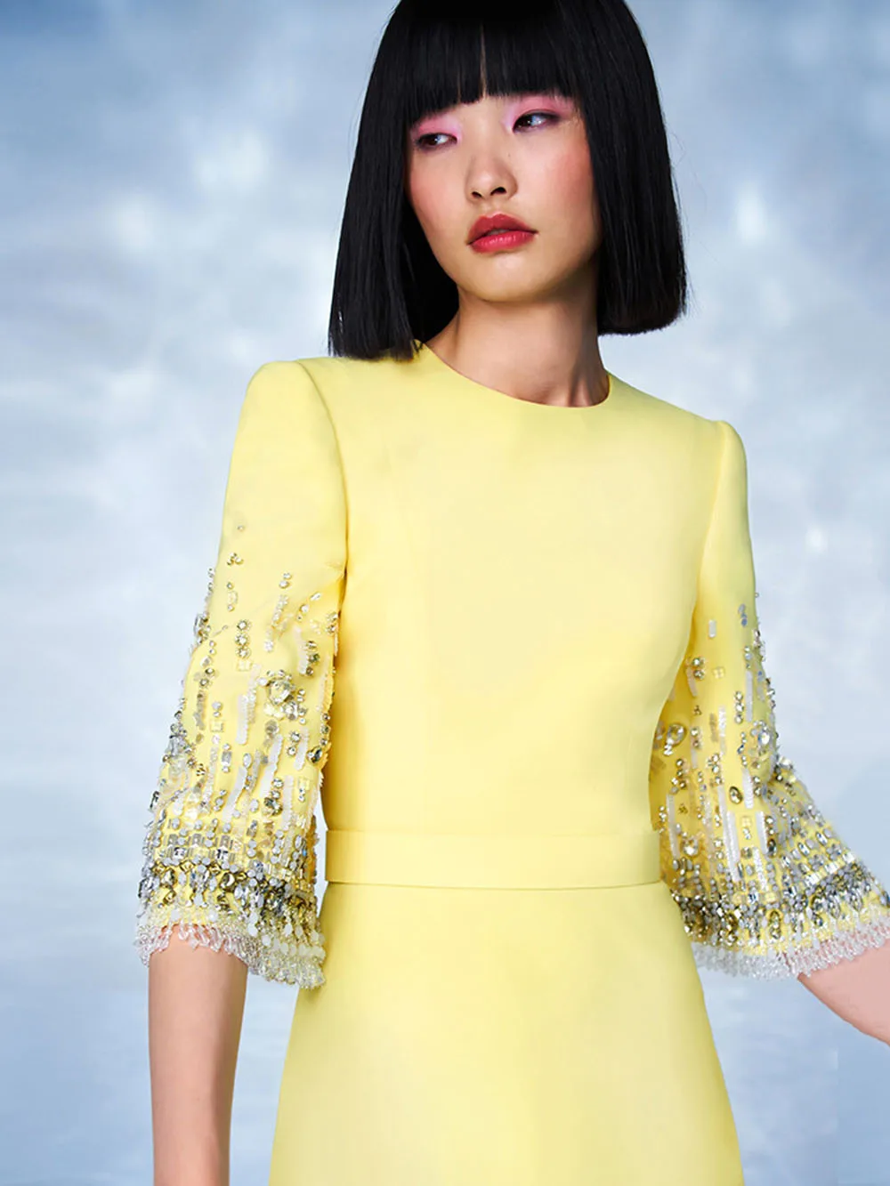 Modphy 2026 New arrivals Spring Fashion Heavy Industry Beaded Diamond Slim Midi Dress Women\'s Half Sleeve Female Vestidos