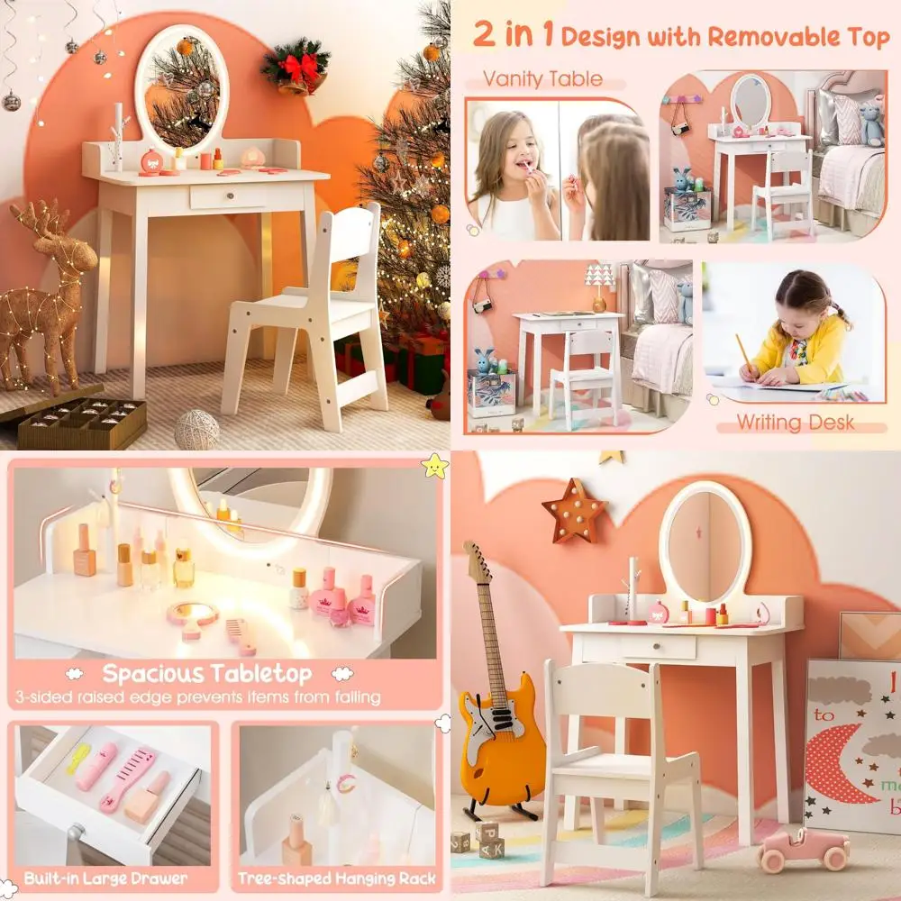 

Girls Wooden Vanity Set with Mirror, Stool, Lights, Drawer, Jewelry Rack, 2-in-1 Makeup Desk for Princess-Themed Playroom