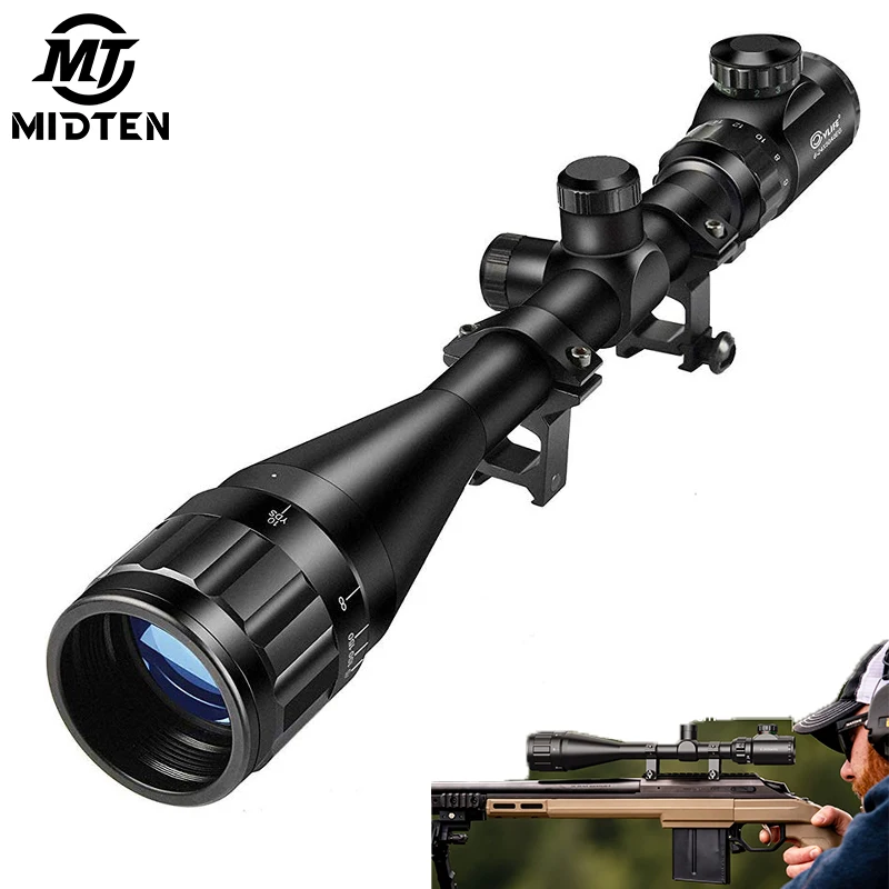 MidTen 6-24x50 AOE Adjustable Objective Lens AO Optics Hunting Rifle Scope Split Tube Blue Film R4 Reticle Crosshair with Mount