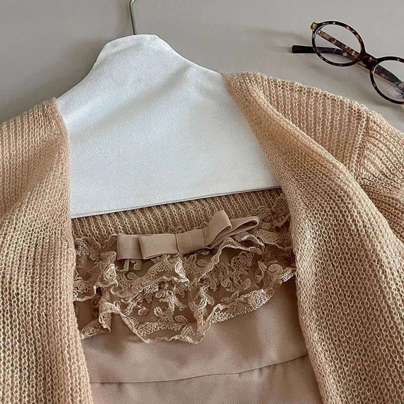 REDDACHiC Cutecore 3-قطعة المرأة مطابقة مجموعة القوس مشد صديرية دائرية الدانتيل تقليم تنورة صغيرة متماسكة طويلة الأكمام سترة الخريف الملابس