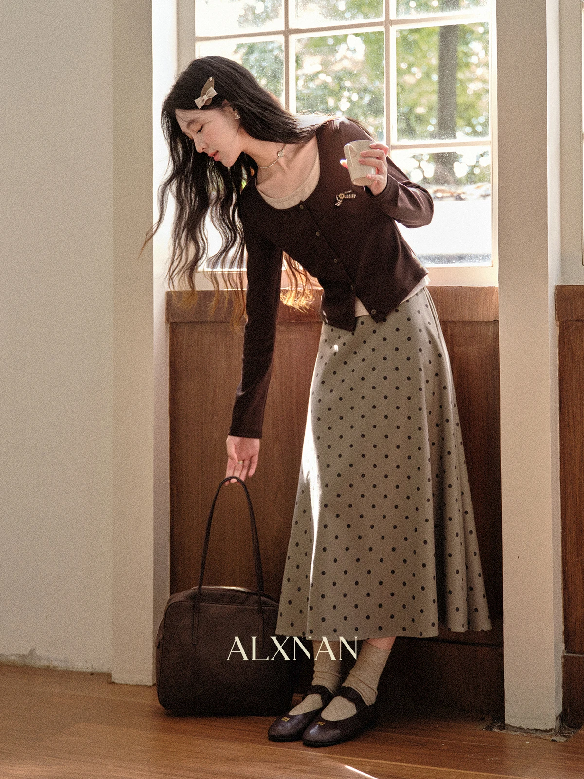 ALXNAN 플러스 사이즈 그레이 폴카 도트 스커트 여성 긴 a 라인 우아한 스커트 루즈핏 하이 웨이스트 캐주얼 파티 여성 의류 D12872