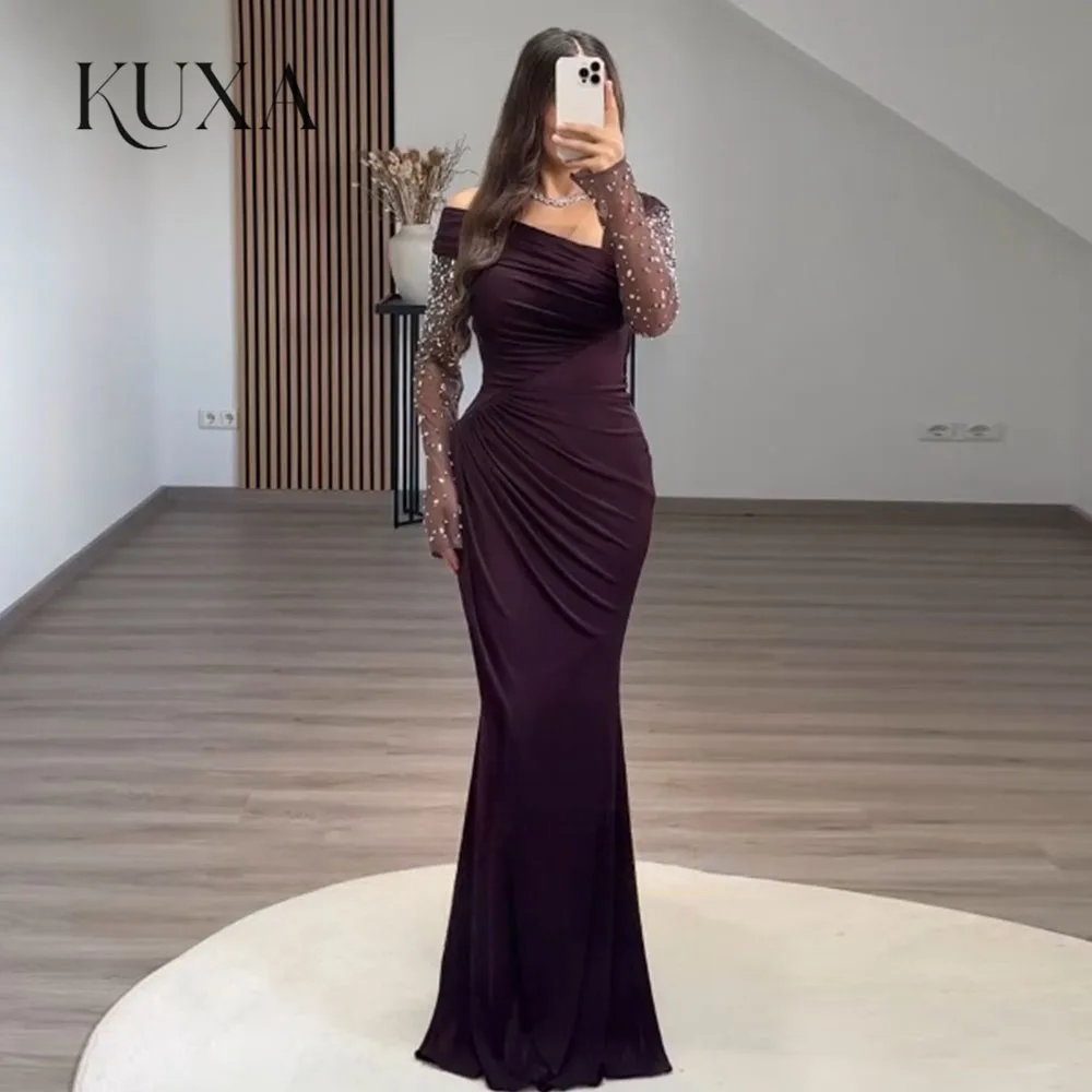 KUXA Maßgeschneidertes Abendkleid mit asymmetrischem Ausschnitt, schulterfrei, figurbetont, Hochzeitsgastkleid, perlenbesetzt, lange Ärmel, Ballkleid