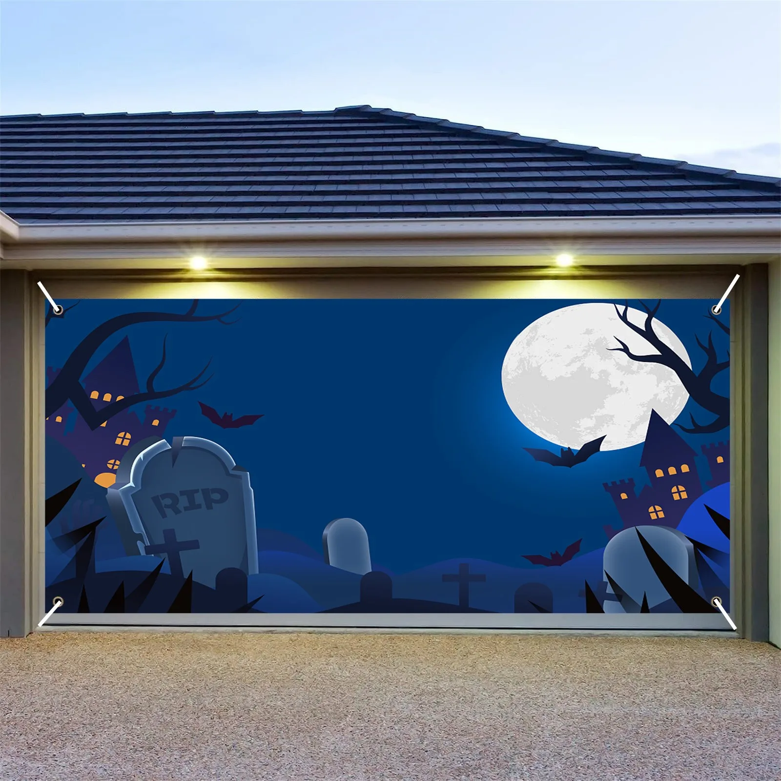 480x210cm Happy Halloween Holiday Banner Decoration Outdoor Garage Door Cover Large Door Cover Wall Banner Backdrop Cloth Mural