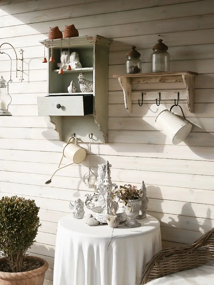 Rustic Wall Mounted Wooden Shelf with Drawer & Hooks, Vintage Distressed Farmhouse Storage Organizer for Kitchen, Bathroom, Entr
