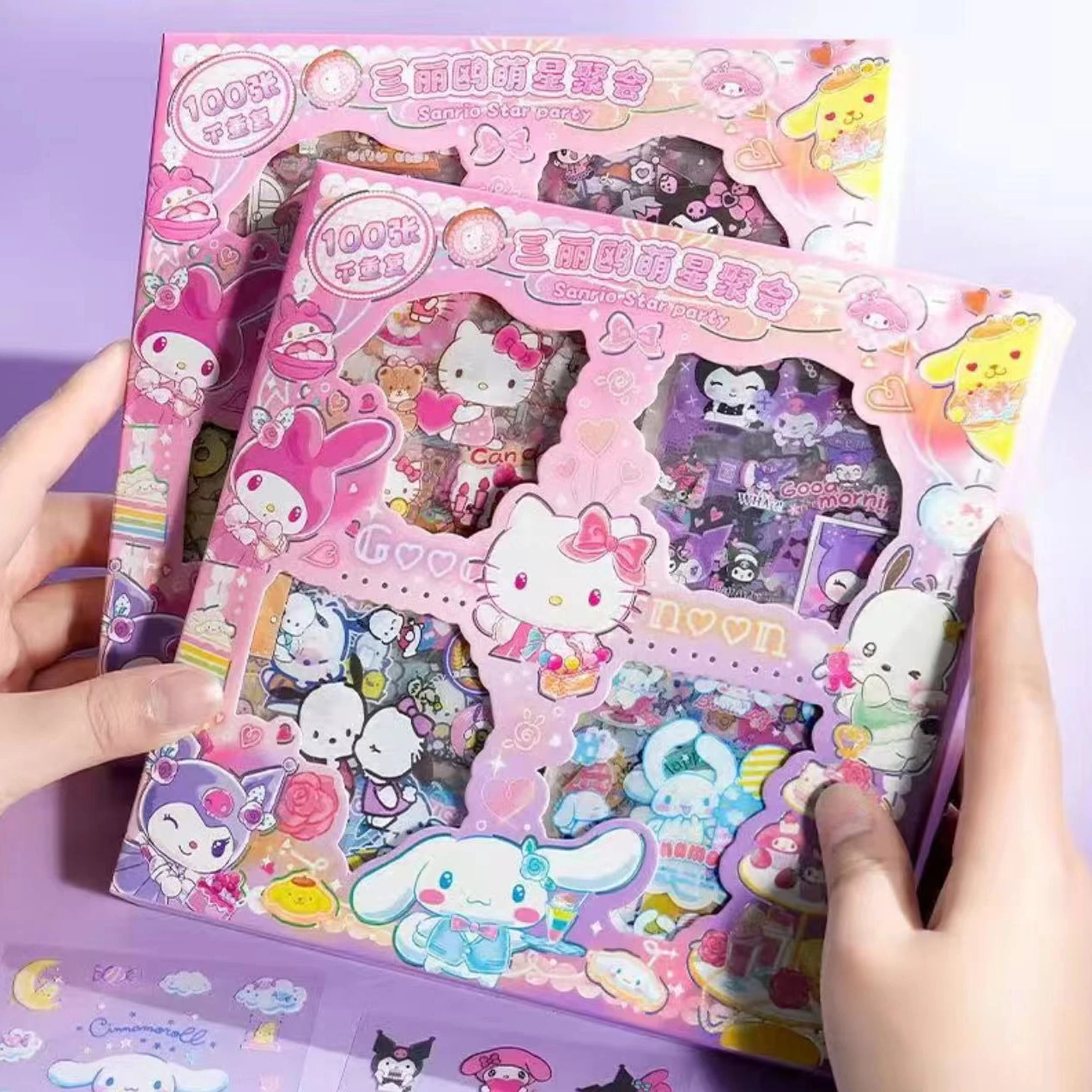 Hello Kitty Sanrio Non-Repeating 100-Piece Sticker Set Cinnamoroll Kuromi Waterproof Stationery Sticker Gift Box Birthday Gift