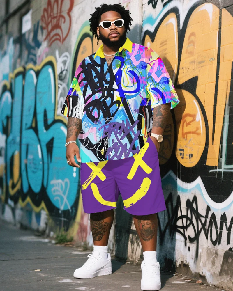 

S-9XL Мужская рубашка больших размеров с граффити и шорты в стиле хип-хоп, комплект из 2 предметов, городская уличная одежда, дышащая летняя концертная одежда