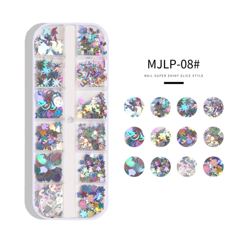 12 กริด/ชุดเล็บ Holographic Glitter Flakes 3D Sequins Paillette ผงขนาดผสมสําหรับตกแต่งเล็บเล็บเครื่องมือ