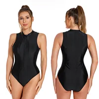 Traje de baño negro sin mangas de una pieza para mujer, traje de baño atlético con cremallera frontal, traje de baño deportivo, traje de Surf
