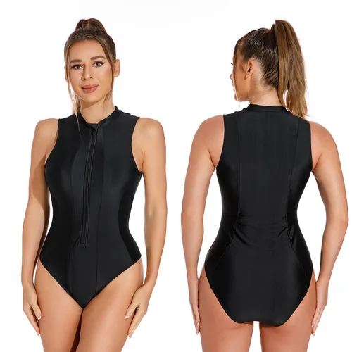Traje de baño negro sin mangas de una pieza para mujer, traje de baño atlético con cremallera frontal, traje de baño deportivo, traje de Surf
