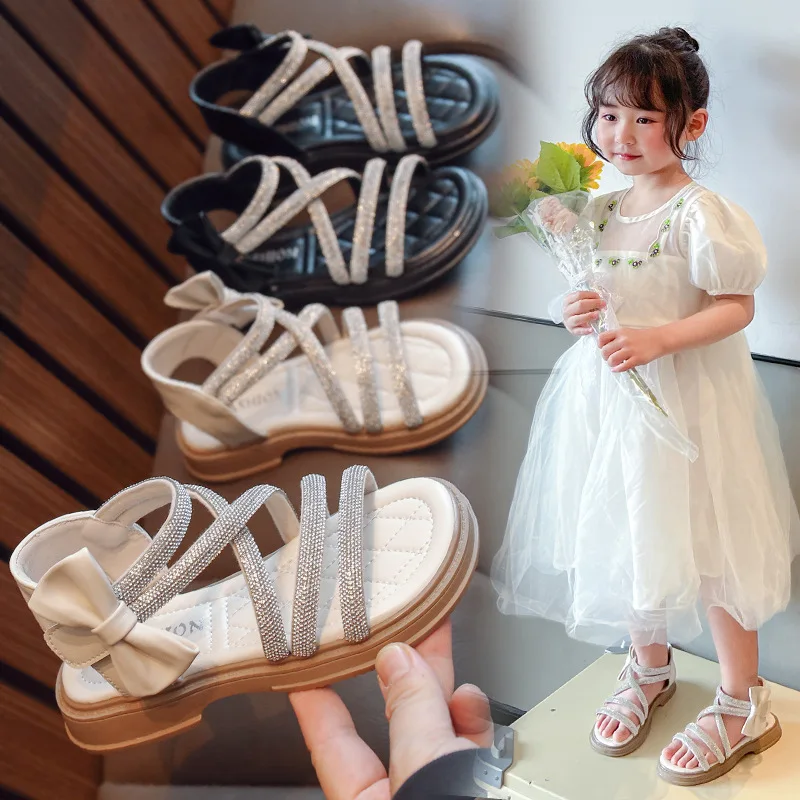 Girls Sandals Children's High Top Roman Shoes 2023 Summer Baby Princess Beach Shoes Cross Rhinestone Bow Kids Peep-toe Sandals