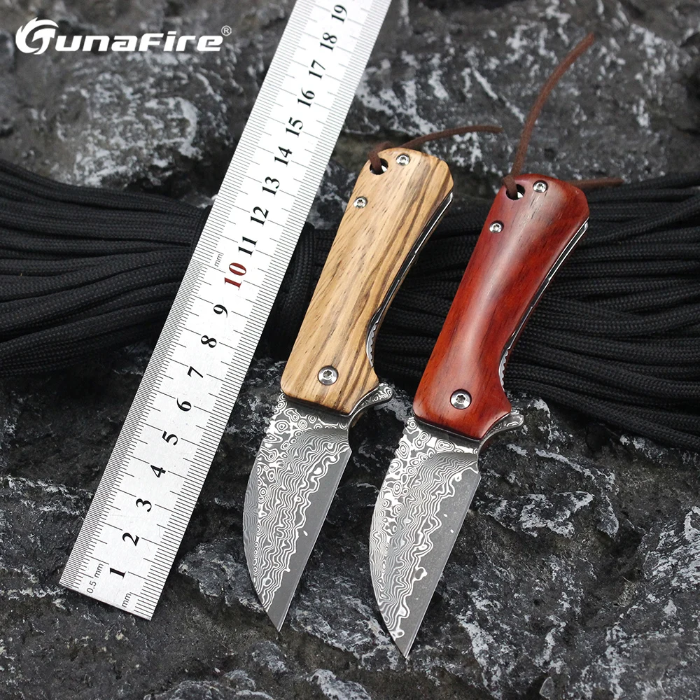 

Tunafire T022 Мини карманный нож для самообороны, высокая твердость, лезвие из дамасской стали, ручка из сандалового дерева, тактические боевые инструменты для выживания