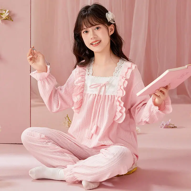 Cotton Linen Breathable Girls' Pajamas Two Piece Suit Long Sleeve Trousers Pajamas Spring Autumn Children's Round Neck Nightgown