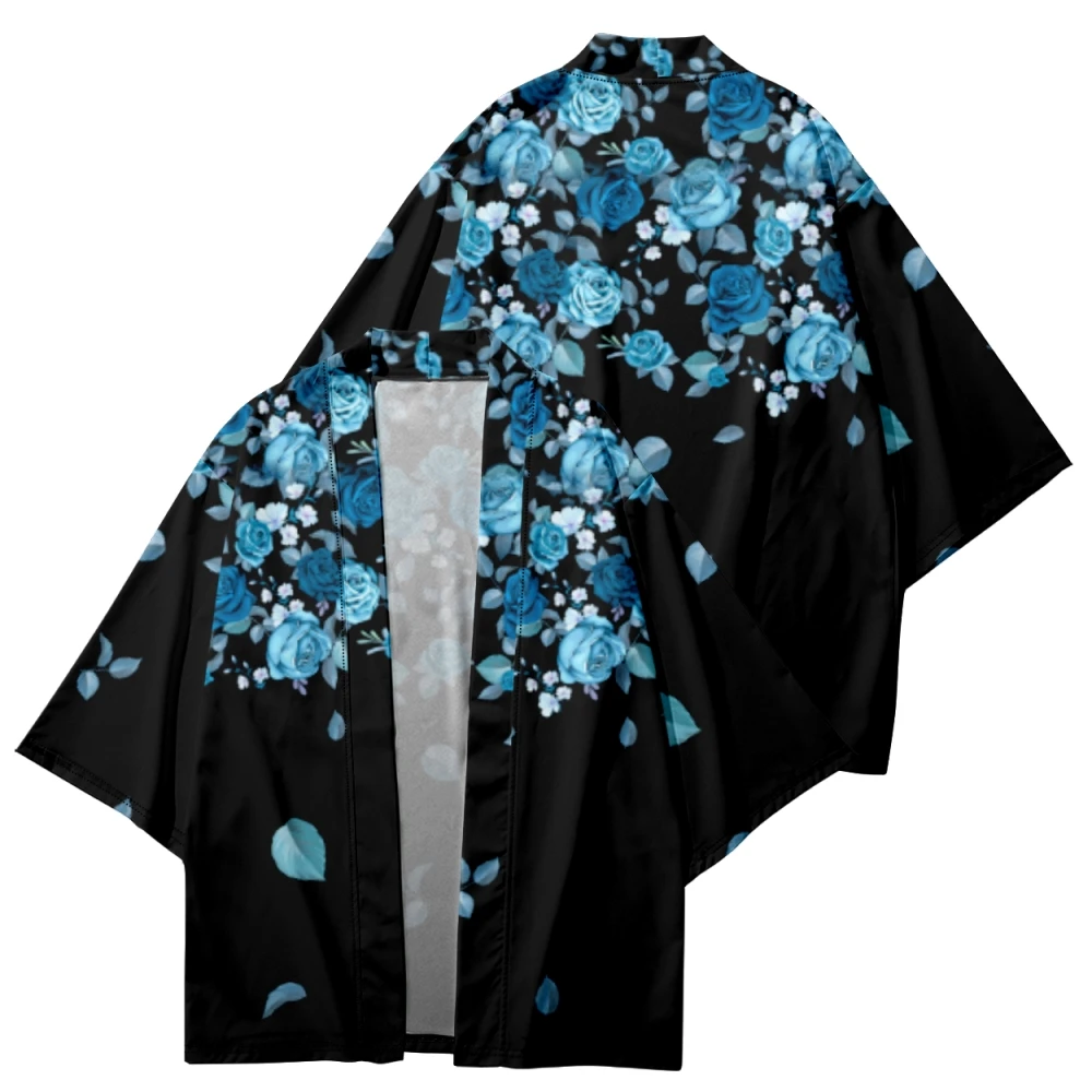 4XL 5XL 6XL Japanese Kimono Women Beach Yukata Streetwear Haori Fashion Rose Flower Print Traditional Cardigan Black Tops