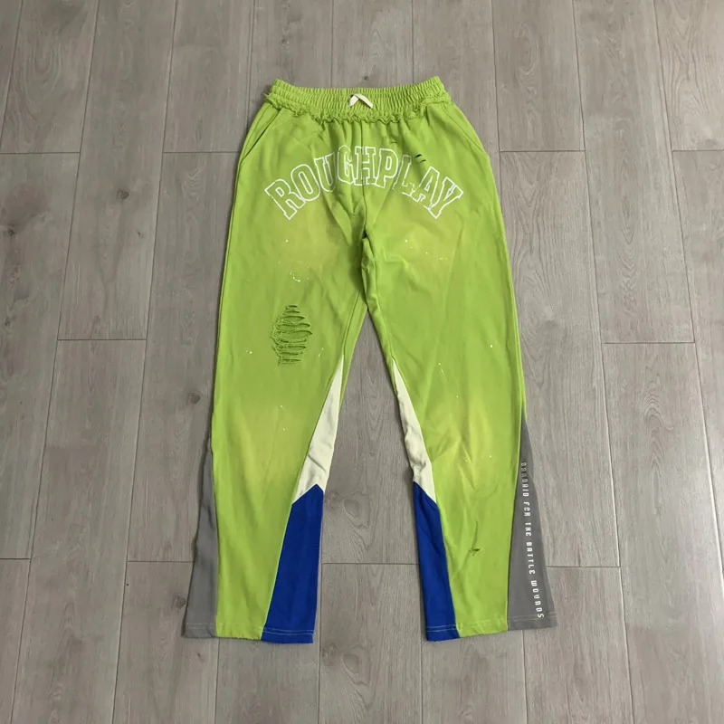 American Style Hip Hop Patchwork Roughplay Sweatpants fluorescent green Washed Splash Ink Do Old Trousers