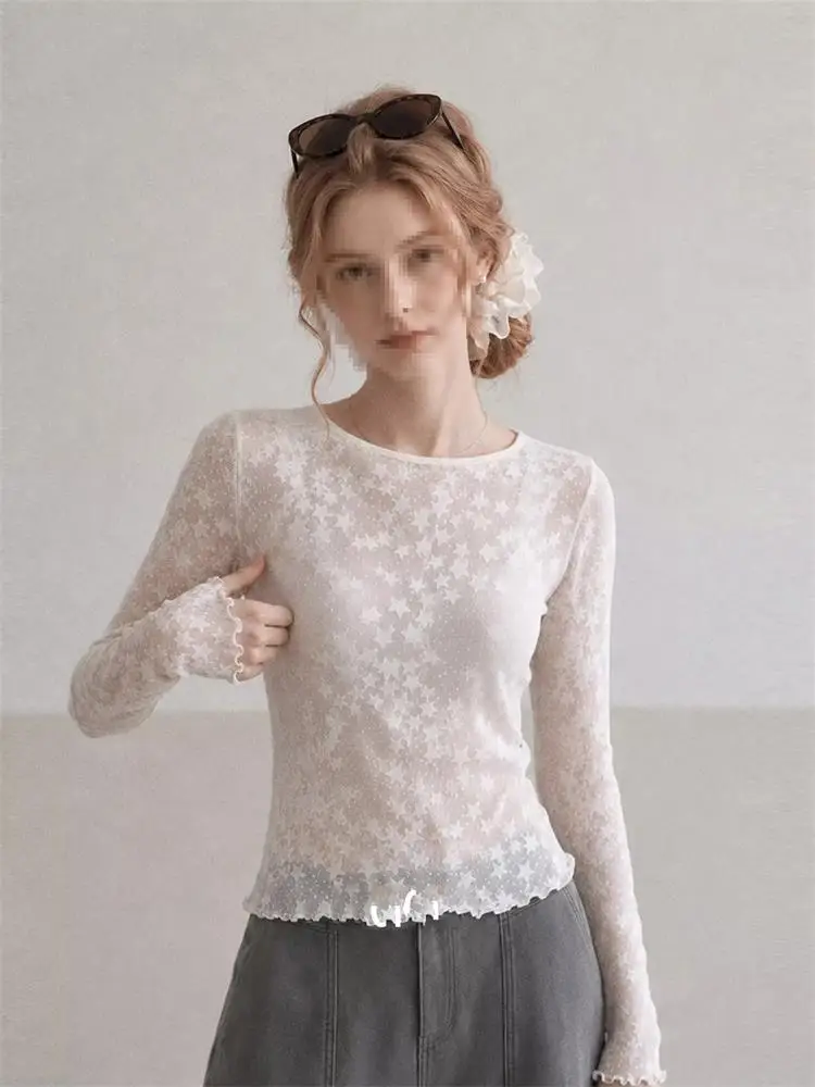 Korean Style round Neck Star Print Long Sleeve Lace Top Women Spring Summer New Micro Transparent Beautiful Inner Match Anti ...