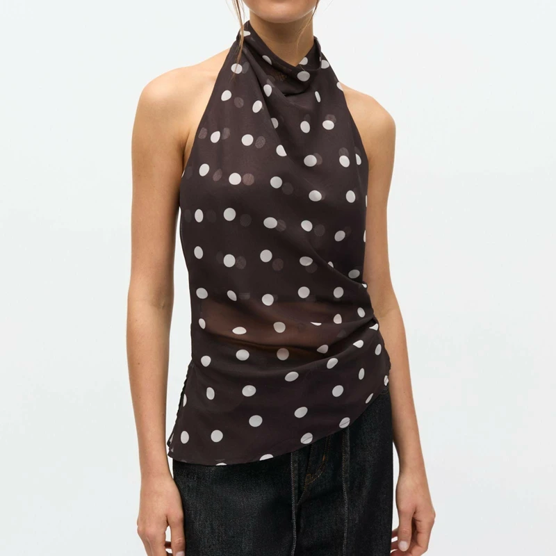 

Combhasaki Women Summer Button Halter Choker Neck Tops Y2k Vintage Dot Print Sleeveless Open Back Irregular Hem Slim Sheer Vest