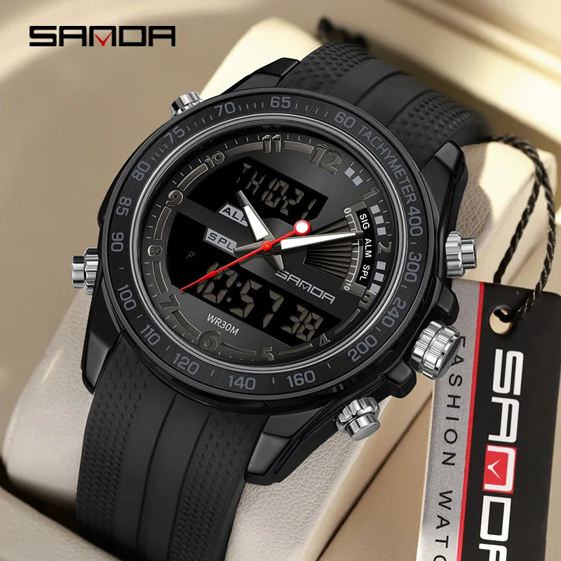 SANDA Brand New G Style Dual Display Quartz Men's Watch Waterproof Silicone Strap Sports LED Digital Electronic Wrist watch Male