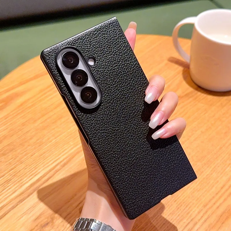

Black Leather Folding Phone Cover for Samsung Galaxy Z Fold7/Z Fold6/Z Fold5/Z Fold4 with Protective Case