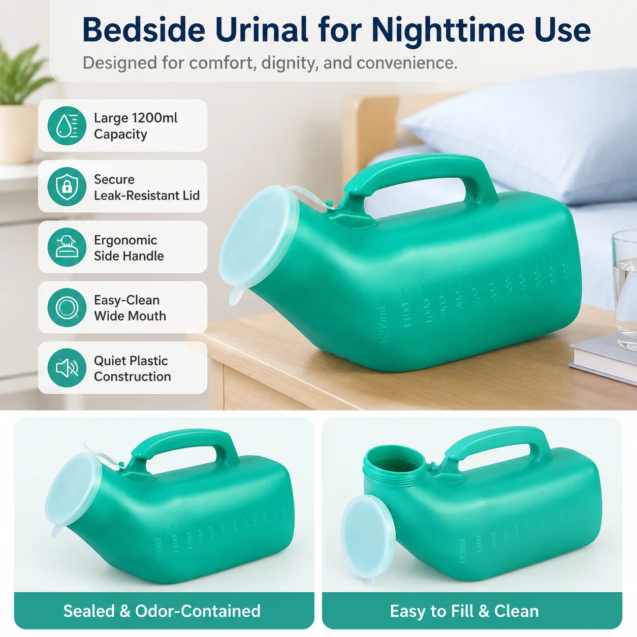 Männliches Urinal, Plastik-Urinflaschen, großes Fassungsvermögen, 1200 ml, Urinbehälter mit leicht zu greifendem Griffdesign für ältere Männer, Outdoor-Camping – Detail 6
