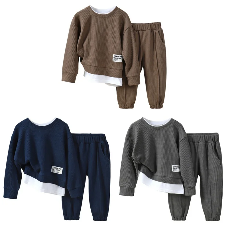 Spring Autumn Boys Clothing Sets Fashion Waffle Hoodie Pants Sports Children’s Clothes Kid Tracksuit Teen Fake Two Piece Sweater