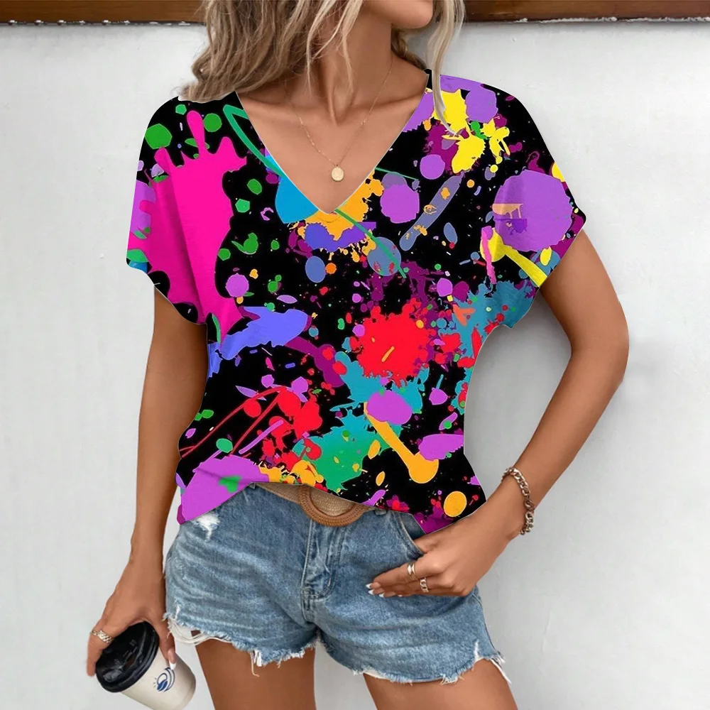 Color Splashed Ink 3D Print T-shirt Women Streetwear Casual T Shirts Y2k Tops Woman Harajuku V-Neck Tees Oversized Clothing