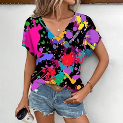 Color Splashed Ink 3D Print T-shirt Women Streetwear Casual T Shirts Y2k Tops Woman Harajuku V-Neck Tees Oversized Clothing