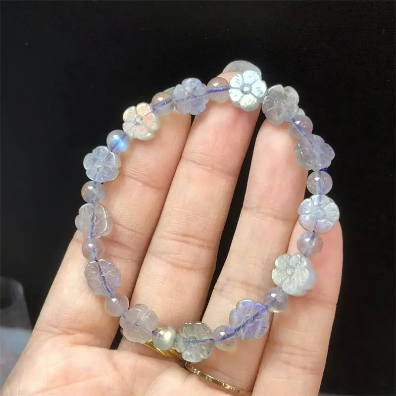 

8MM Natural Gray Moon Stone Small Flower Bead Bracelet Crystal Yoga Reiki Healing Fengshui Stretch Female Holiday Gift 1pcs