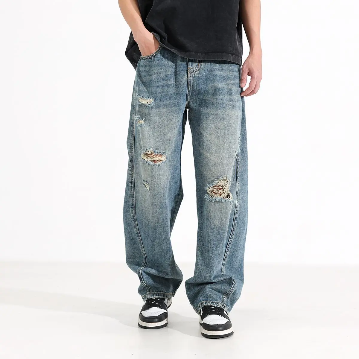 

Мужские прямые джинсы свободного кроя, обычные эластичные джинсы свободного кроя со средней посадкой, свободные прямые джинсы с карманом