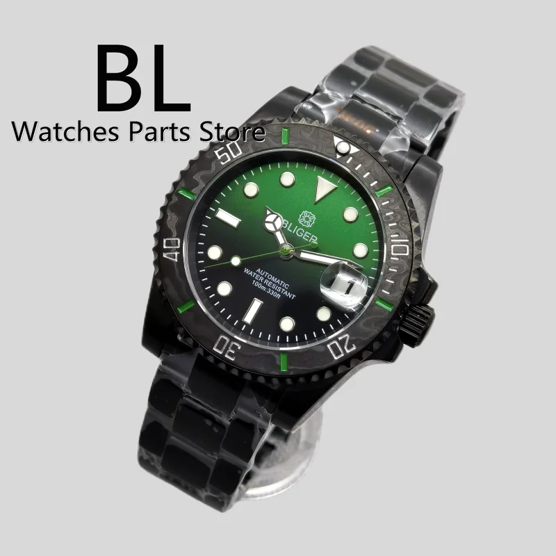 BLIGER 40mm Watch For Men NH35 Automatic Mechanical Wristwatch Sapphire Glass Full Black Case Carbon Fiber Bezel Reloj Hombre