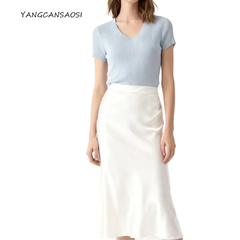 

2026 Women's Spring/Summer New Soft Natural Mulberry Silk Wool Blended Solid Retro U Neck Straight Versatile Knitted Sweater